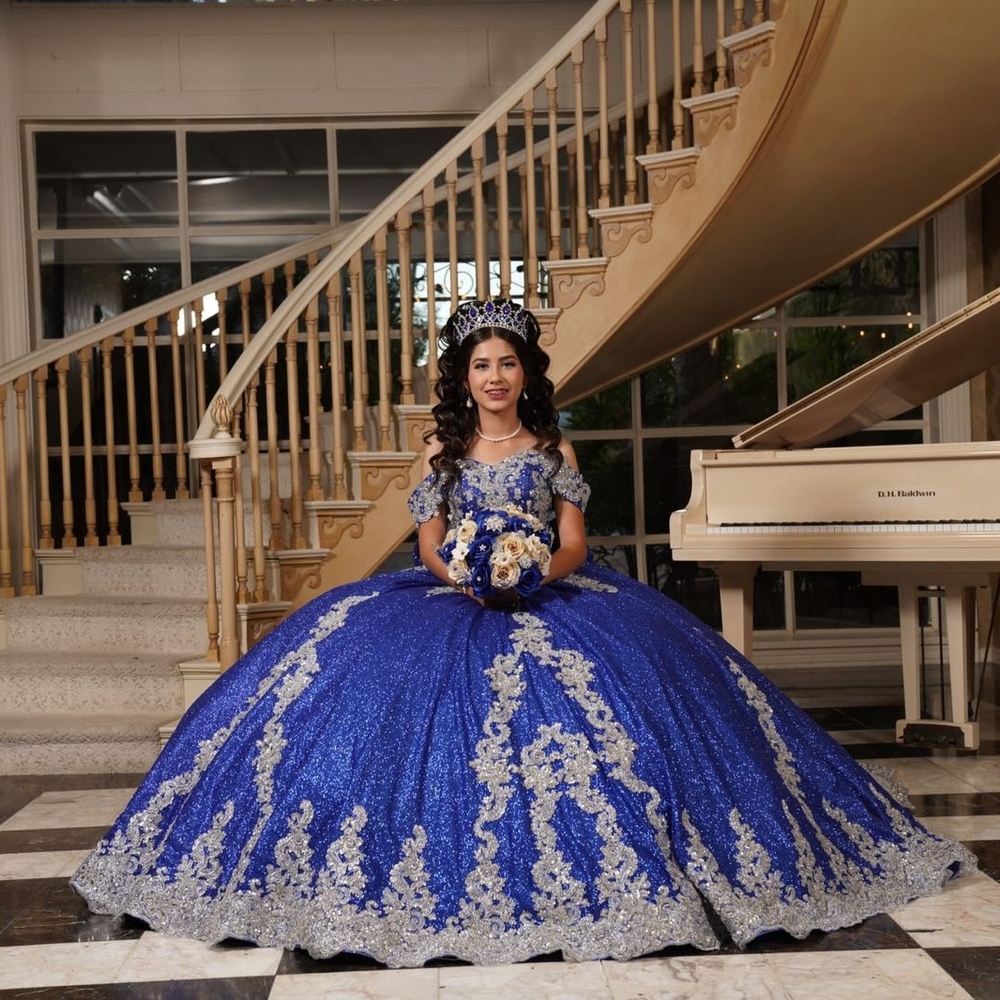 Elegant Blue and Silver Quinceañera's Dress